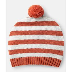 Babyhug Organic Cotton Knitted Full Raglan Sleeves Pullover Sweater Set with Cap Striped & Fox Design - Royal Blue & Orange