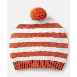 Babyhug Organic Cotton Knitted Full Raglan Sleeves Pullover Sweater Set with Cap Striped & Fox Design - Royal Blue & Orange