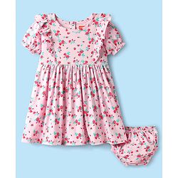 Babyhug Single Jersey Knit Half Sleeves Floral Printed Frock With Bloomers - Pink