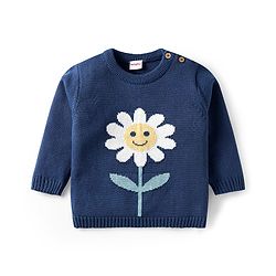 Babyhug Organic Cotton Knitted Full Sleeves Pullover Striped Sweater Set with Cap & Floral Design - Navy Blue