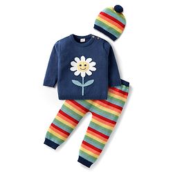 Babyhug Organic Cotton Knitted Full Sleeves Pullover Striped Sweater Set with Cap & Floral Design - Navy Blue