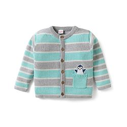 Babyhug Organic Cotton Knitted Full Sleeves Striped Sweater Set with Cap Penguin Design - Grey