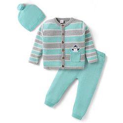 Babyhug Organic Cotton Knitted Full Sleeves Striped Sweater Set with Cap Penguin Design - Grey