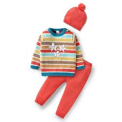 Babyhug Organic Cotton Knitted Full Sleeves Striped Sweater Set with Cap Star Design - Red