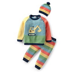 Babyhug Organic Cotton Knitted Full Raglan Sleeves Pullover Sweater Set With Cap & Stripes Design - Multicolour