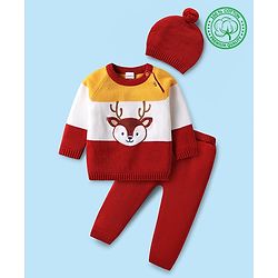 Babyhug Organic Cotton Knitted Full Raglan Sleeves Sweater Set with Cap & Reindeer Design - Red & Yellow