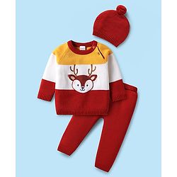 Babyhug Organic Cotton Knitted Full Raglan Sleeves Sweater Set with Cap & Reindeer Design - Red & Yellow