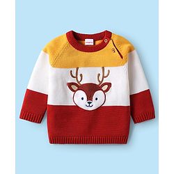 Babyhug Organic Cotton Knitted Full Raglan Sleeves Sweater Set with Cap & Reindeer Design - Red & Yellow