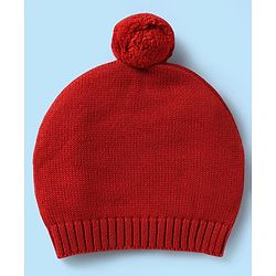 Babyhug Organic Cotton Knitted Full Raglan Sleeves Sweater Set with Cap & Reindeer Design - Red & Yellow