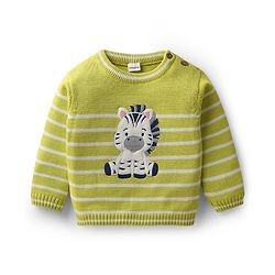 Babyhug Organic Cotton Knitted Full Sleeves Striped Pullover Sweater Set with Zebra Embroidery & Cap - Limegreen