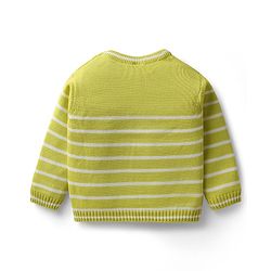 Babyhug Organic Cotton Knitted Full Sleeves Striped Pullover Sweater Set with Zebra Embroidery & Cap - Limegreen