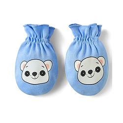 Babyhug 100% Cotton Interlock Knit Mittens & Booties Set with Bear Print - Blue
