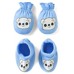 Babyhug 100% Cotton Interlock Knit Mittens & Booties Set with Bear Print - Blue