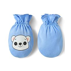 Babyhug 100% Cotton Interlock Knit Mittens & Booties Set with Bear Print - Blue