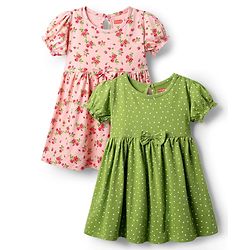 Babyhug Single Jersey Knit Half Sleeves Frocks With Floral Print Pack Of 2 - Green & Pink