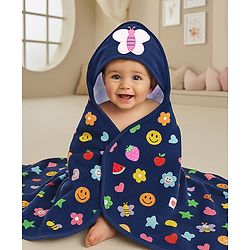 Babyhug Cotton Terry Knit Hooded Bath Towel with Butterfly & Fruits Print L 76 x B 76 cm - Navy Blue