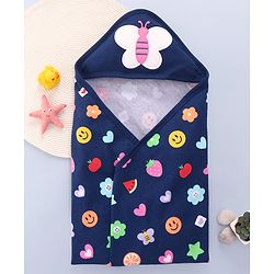 Babyhug Cotton Terry Knit Hooded Bath Towel with Butterfly & Fruits Print L 76 x B 76 cm - Navy Blue