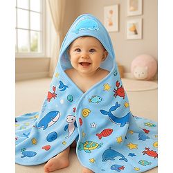 Babyhug Cotton Terry Knit Hooded Bath Towel with Sea Life Print L 76 x B 76 cm - Light Blue