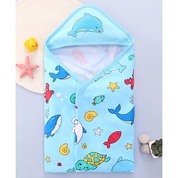 Babyhug Cotton Terry Knit Hooded Bath Towel with Sea Life Print L 76 x B 76 cm - Light Blue