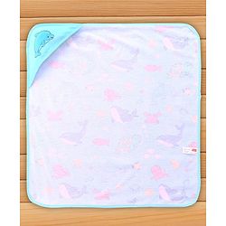 Babyhug Cotton Terry Knit Hooded Bath Towel with Sea Life Print L 76 x B 76 cm - Light Blue
