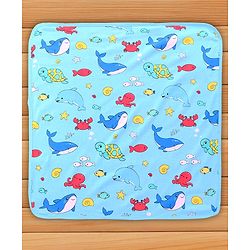 Babyhug Cotton Terry Knit Hooded Bath Towel with Sea Life Print L 76 x B 76 cm - Light Blue