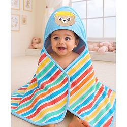 Babyhug Cotton Terry Knit Hooded Bath Towel with Stripe Design & Bear Print L 76 x B 76 cm - Multicolor