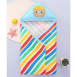 Babyhug Cotton Terry Knit Hooded Bath Towel with Stripe Design & Bear Print L 76 x B 76 cm - Multicolor