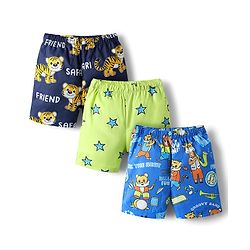 Babyhug Cotton Woven Above Knee Length Boxer With Animals & Star Print Pack Of 3 - Navy Blue Green & Blue