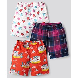 Babyhug Cotton Woven Above Knee Length Boxers with Checks & Shark Print Pack of 3 - White & Orange