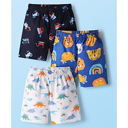 Babyhug Cotton Woven Boxers With Dino & Vehicle Print Pack Of 3 - Navy Blue Royal Blue & White