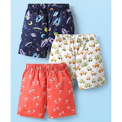 Babyhug 100% Cotton Woven Boxers With Vehicle & Space Theme Print Pack Of 3 - Red Navy Blue & White