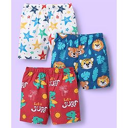 Babyhug Cotton Woven Above Knee Length Boxers with Animal Print Pack of 3 - Blue Red & White