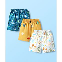 Babyhug Cotton Woven Boxers With Vehicle & Tropical Theme Print Pack Of 3 - White Yellow & Teal Blue
