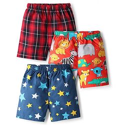 Babyhug Cotton Woven Above Knee Length Boxers with Checked Animal & Star Print Pack of 3 - Red & Blue