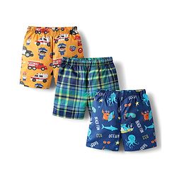 Babyhug Cotton Woven Above Knee Length Boxer with Check Animal & Cars Print Pack of 3 - Blue Yellow Green