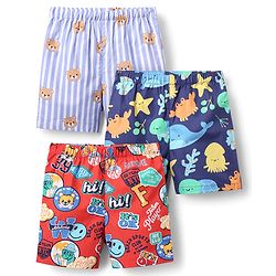 Babyhug Cotton Woven Above Knee Length Boxers with Animal Print Pack of 3 - Navy Blue Light Blue & Red