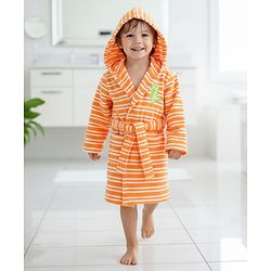 Babyhug Terry Cotton Knit Full Sleeves Bathrobe with Hood Striped Design & Dino Embroidery - Orange