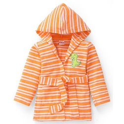 Babyhug Terry Cotton Knit Full Sleeves Bathrobe with Hood Striped Design & Dino Embroidery - Orange