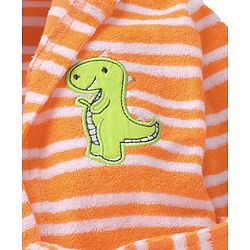Babyhug Terry Cotton Knit Full Sleeves Bathrobe with Hood Striped Design & Dino Embroidery - Orange