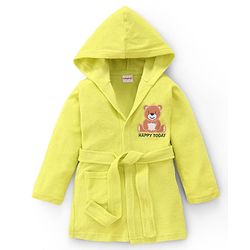 Babyhug Terry Knit Full Sleeves Hooded Bathrobe with Bear Embroidery - Neon Green