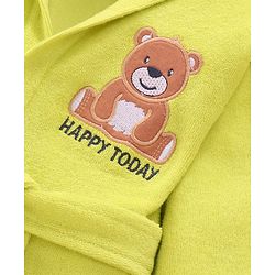 Babyhug Terry Knit Full Sleeves Hooded Bathrobe with Bear Embroidery - Neon Green