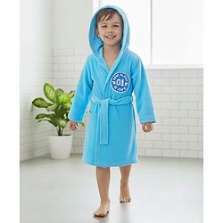Babyhug Terry Cotton Knit Full Sleeves Bathrobe with Hood & Best Player In Town Embroidery - Light Blue
