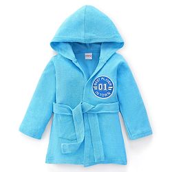 Babyhug Terry Cotton Knit Full Sleeves Bathrobe with Hood & Best Player In Town Embroidery - Light Blue