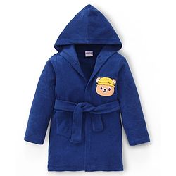 Babyhug Cotton Knit Full Sleeves Hooded Bathrobe with Bear Embroidery - Navy Blue