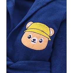 Babyhug Cotton Knit Full Sleeves Hooded Bathrobe with Bear Embroidery - Navy Blue