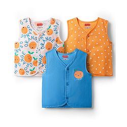 Babyhug 100% Cotton Knit Sleeveless Front Open Jhablas with Orange & Polka Dots Print Pack of 3 - Orange Blue & White