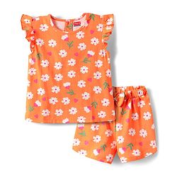 Babyhug Cotton Knit Half Sleeves Shorts Night Suit With  Floral Print - Orange