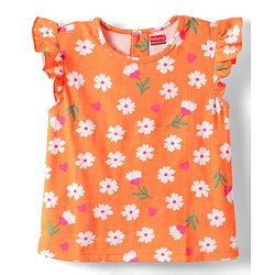 Babyhug Cotton Knit Half Sleeves Shorts Night Suit With  Floral Print - Orange