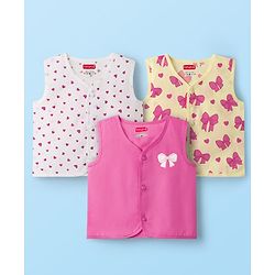 Babyhug 100% Cotton Sleeveless Front Open Jhablas With Butterfly & Hearts Print Pack Of 3 - Dark Pink Yellow & White