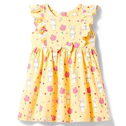 Babyhug Single Jersey Knit Frill Sleeves Frock with Bloomer & Bunny Print - Yellow